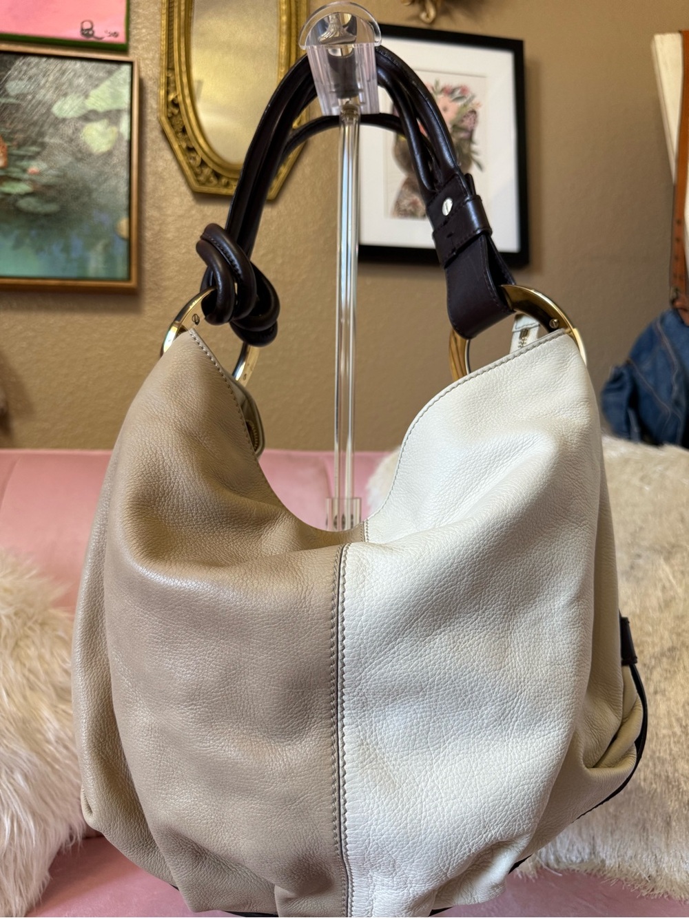 Auth! Escada Three-Tone Color Block Leather Hobo Bag Multi  Strap & Bold Accents
